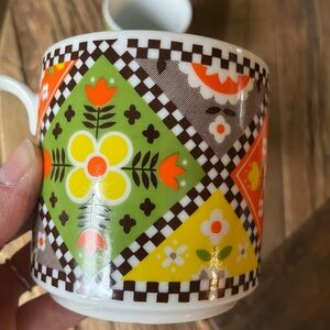 Vintage Mid Century Colorful Floral Geometric Ceramic Mugs Set of 4